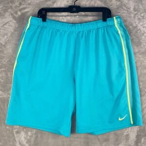 Nike Men's XL Turquoise Athletic Shorts Neon Yellow Stripe Drawstring Pockets
